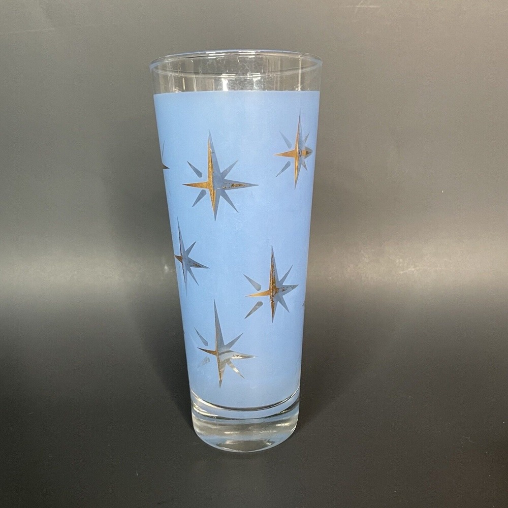 Vintage Bartlett Collins Glass MCM Atomic North Star Blue & Gold Highball